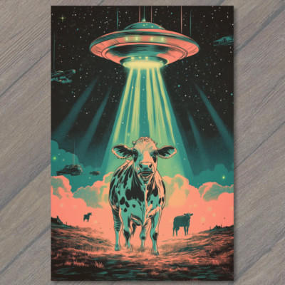 POSTCARD UFO Abducting Cow Retro Sci-Fi Artwork Glow Stars Rural Field UFA