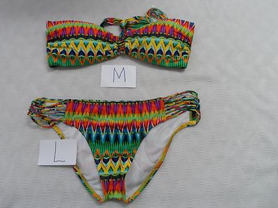 Luli Fama Tulum Party Knotted Bandeau Bikini Top Multi M & Bottom L-$172 NWOT