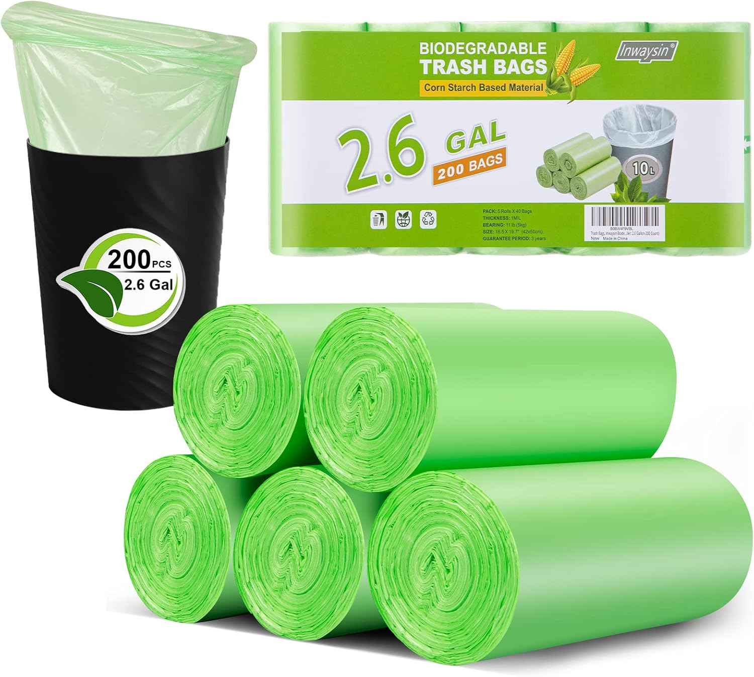 Small Trash Bags 2-2.6 Gallon Plant Starch Based,  200 Count Bathroom Trash Bags