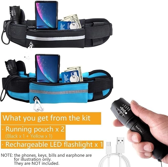 Running Waist Packs 2 Jogging Belts + 1 Quality Rechargeable LED Flashlight K... - Image 2 of 4
