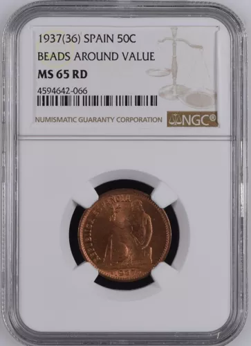 1937(36) Spain 50c Beaded Boarder NGC MS65 Red