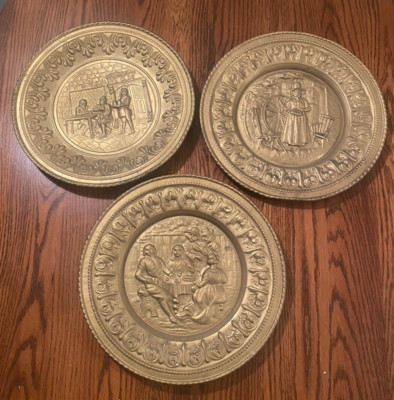 3 VTG Metal Round 3D Wall Plaque 12'' England  Gold Color Ye Old, Welsh Women