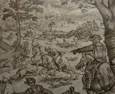 STUNNING 18TH CENTURY OLD MASTER ITALIAN ANTIQUE INK DRAWING BOAR HUNTING SCENE.