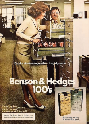 cigarette office BENSON & HEDGES 100s—SECRETARY SMOKING IN THE OFFICE—1970s CIGARETTE PRINT  AD