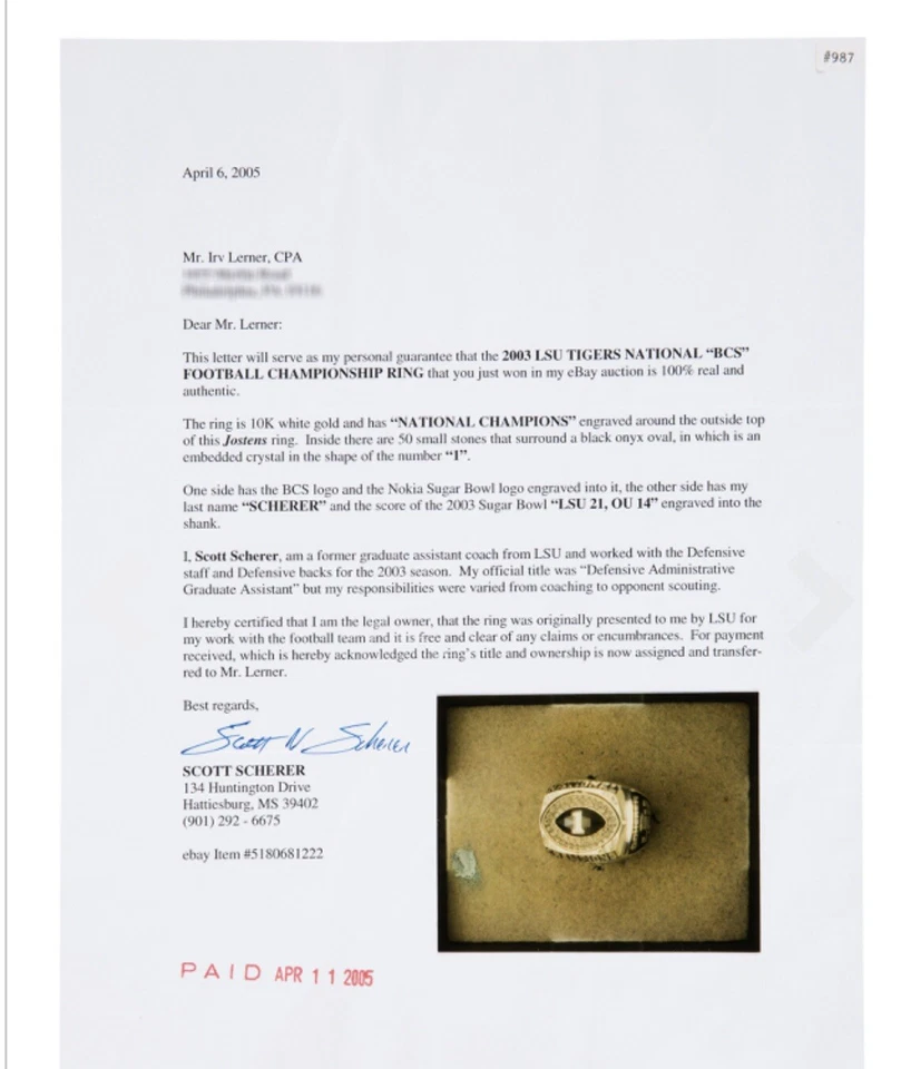 2003 LSU Tigers National Championship Ring - Image 4 of 4