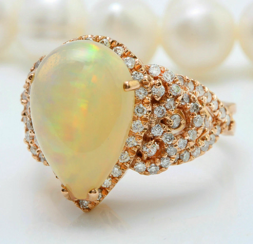 Anillo natural de ópalo y diamantes etíopes anillo de mujer anillo de oro rosa macizo de 14 quilates i43 Foto 2 de 4