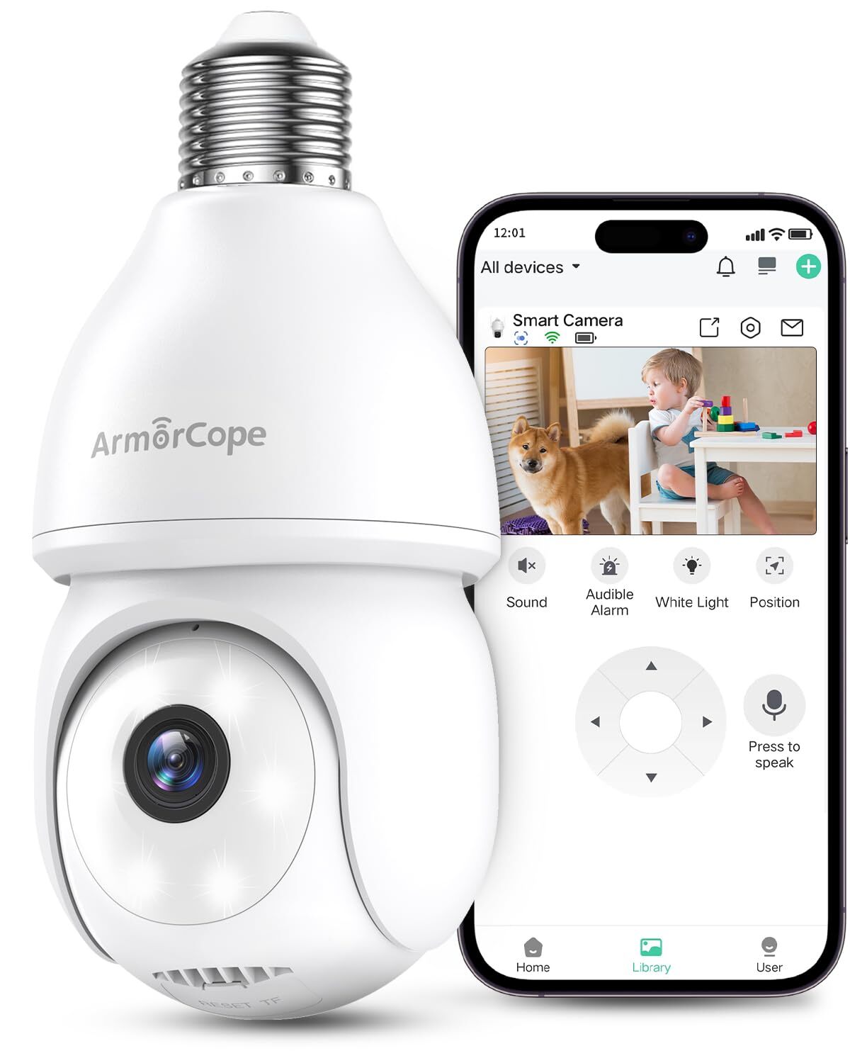 2K Light Bulb Security Camera, 360° Motion Tracking 2.4Ghz WiFi Camera Wirele...