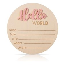 Newborn Announcement Sign, 5.9in Wooden Hello World Sign Baby Light Pink