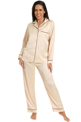 Langes zweiteiliges Damen-Pyjama-Set aus Gold Satin