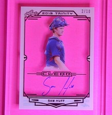 2019 Leaf Trinity Baseball, Clear Purple #d/10 Auto RC Sam Huff, Texas Rangers 