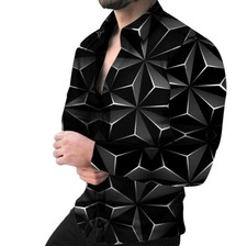 Camisa Botones Hombres Vestido Moda Manga Larga Fiesta Contraste Negro Plateado