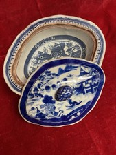 18th C Chinese Export 9” Large Blue & White Oval Covered Butter Dish Qianlong