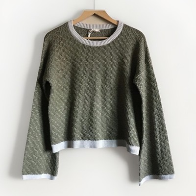 Hem & Thread Olive Green Textured Cropped Sweater with Gray Trim Size Small