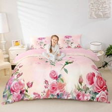 Pink Rose Duvet Cover Set Twin Size,2 Pcs Breathable Garden Flowers Bedding S...