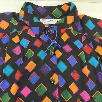 VTG 1980s Geometric Print TopButton Front Tunic Blouse USA Plus 2X Abstract READ