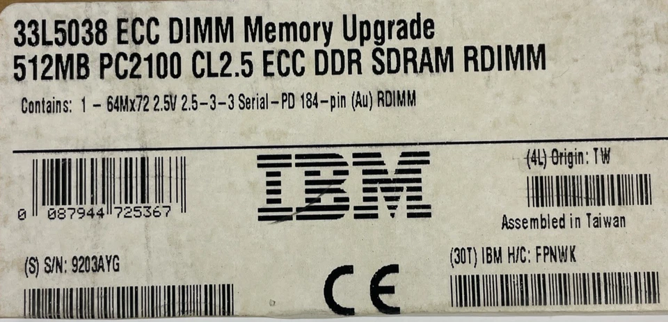 NOS IBM PC-2100 512 MB DIMM 266 MHz DDR SDRAM Memory (33L5038) - Image 2 of 3