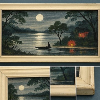 Vintage Asian-Influenced Moonlit Lake Oil Painting   Framed 8x16 Landscape MCM