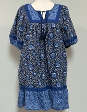 Old Navy Puff Sleeve Blue Blossoms Printed Mini Swing Dress Lined Size Medium