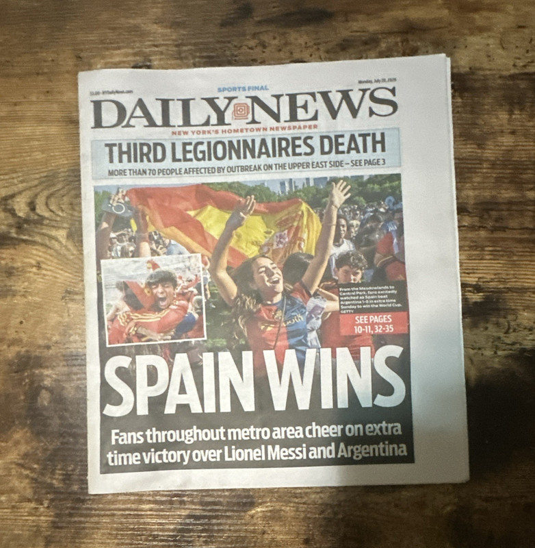 NYC Daily News Newspaper Spain Wins World Cup. Monday, July 20, 2026.