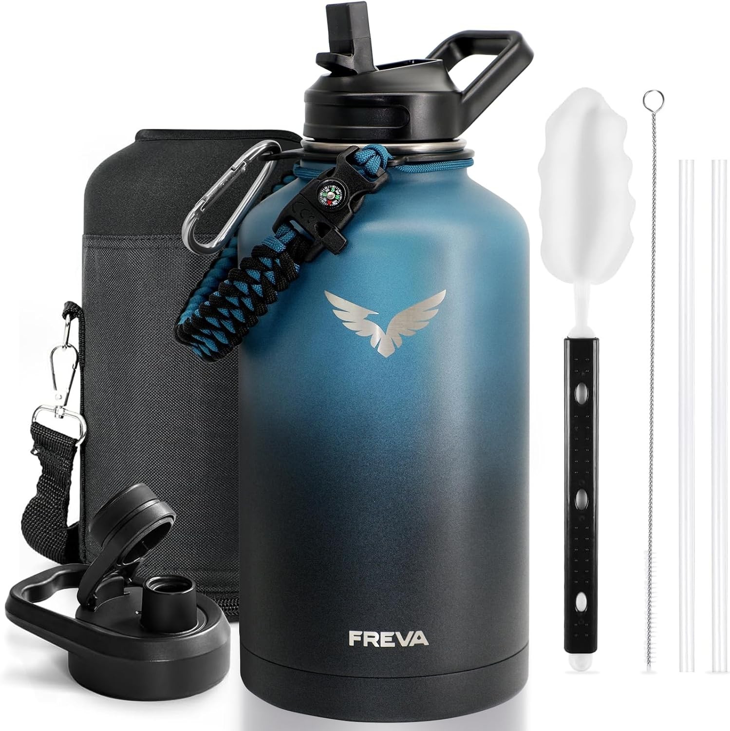Half Gallon Water Bottle Insulated with Straw & 3 Lids,  64 oz Water Jug Large 