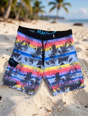 Maui and Sons Men Multicolor Palm Tree Tropical Sunset Board Shorts Swim Trunks