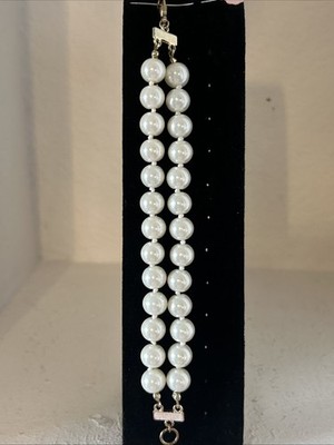Faux Pearl Bracelet  6 1/2 Inches. Gold Tone Double String 8 mm Light Cream.
