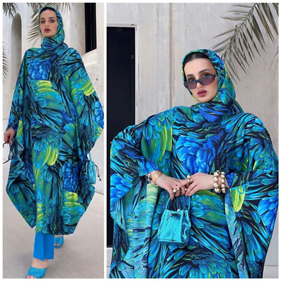 H&M Blue Green Floral Print Kimono Kaftan Dress size S M 10 12 14 16  Ramadan UK