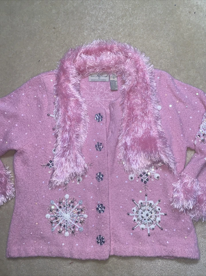设计选项大号粉色/白色雪花毛衣开衫珠 Xl。 VGC — 第 3/4 张图片