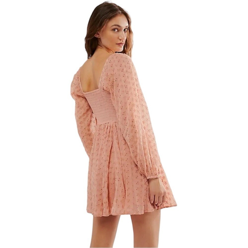 New Free People Malina Mini Babydoll A-Line Eyelet Peachy Pink Boho Dress Small