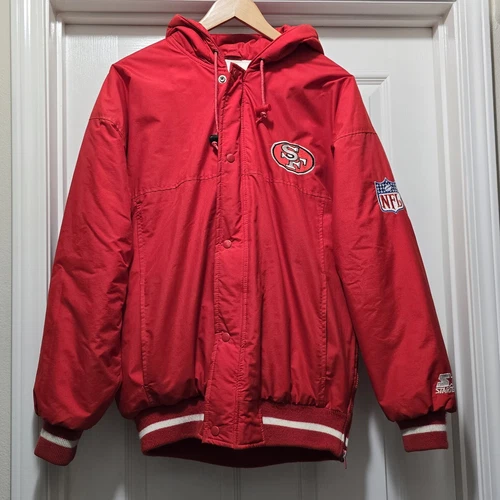Vintage 90s Starter San Francisco 49ers Red Hooded Puffer Full Zip Jacket Mens M