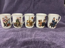 Vintage 1982 Norman Rockwell Museum Coffee Mugs Cups White Gold Trim Set of 5