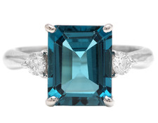 3.48 Carats Natural London Blue Topaz and Diamond 14K Solid White Gold Ring