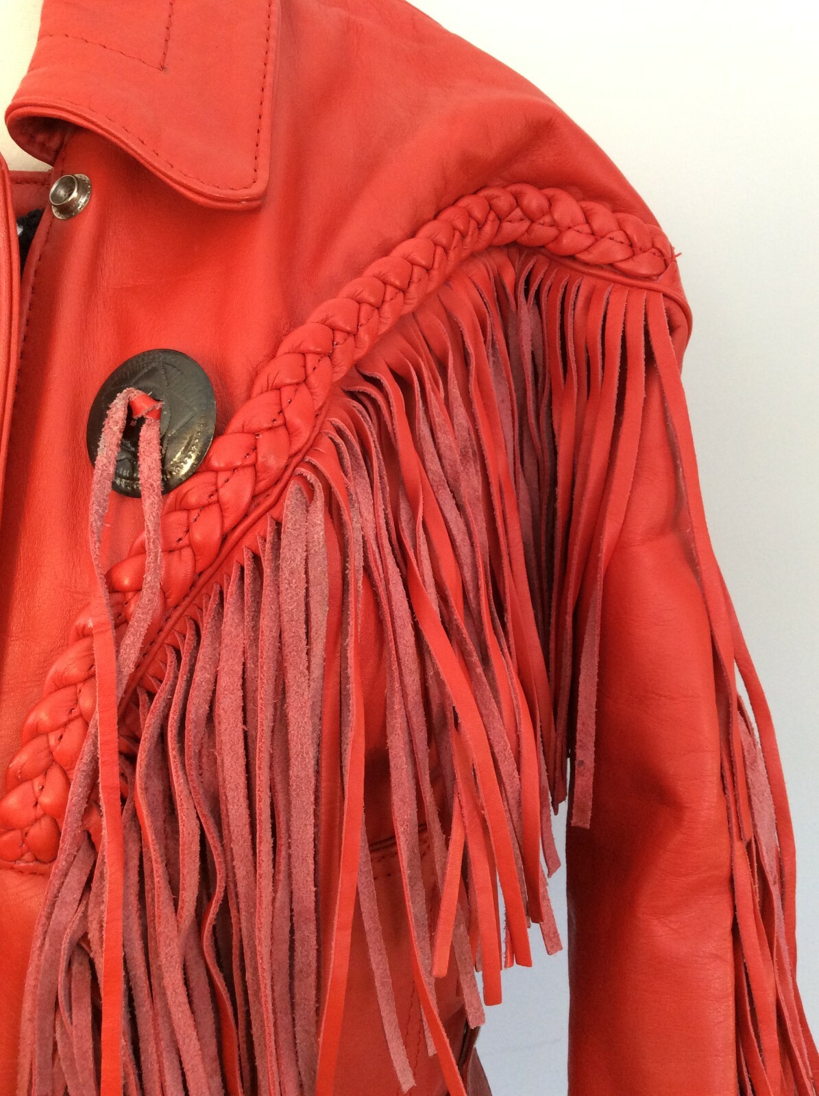 1980's VINTAGE 80'S UNIK Red Heavy Leather FRINGED Mo… Gem