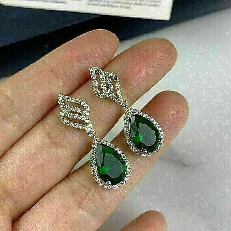 3.50 Ct Pear Cut Simulated Green Emerald Dangle Earrings 14k White Gold Plated - Image 3 of 4