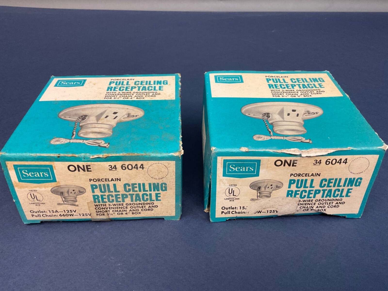 2 Vintage Sears Porcelain Pull Chain Lampholder w/ 3 Wire Grounded