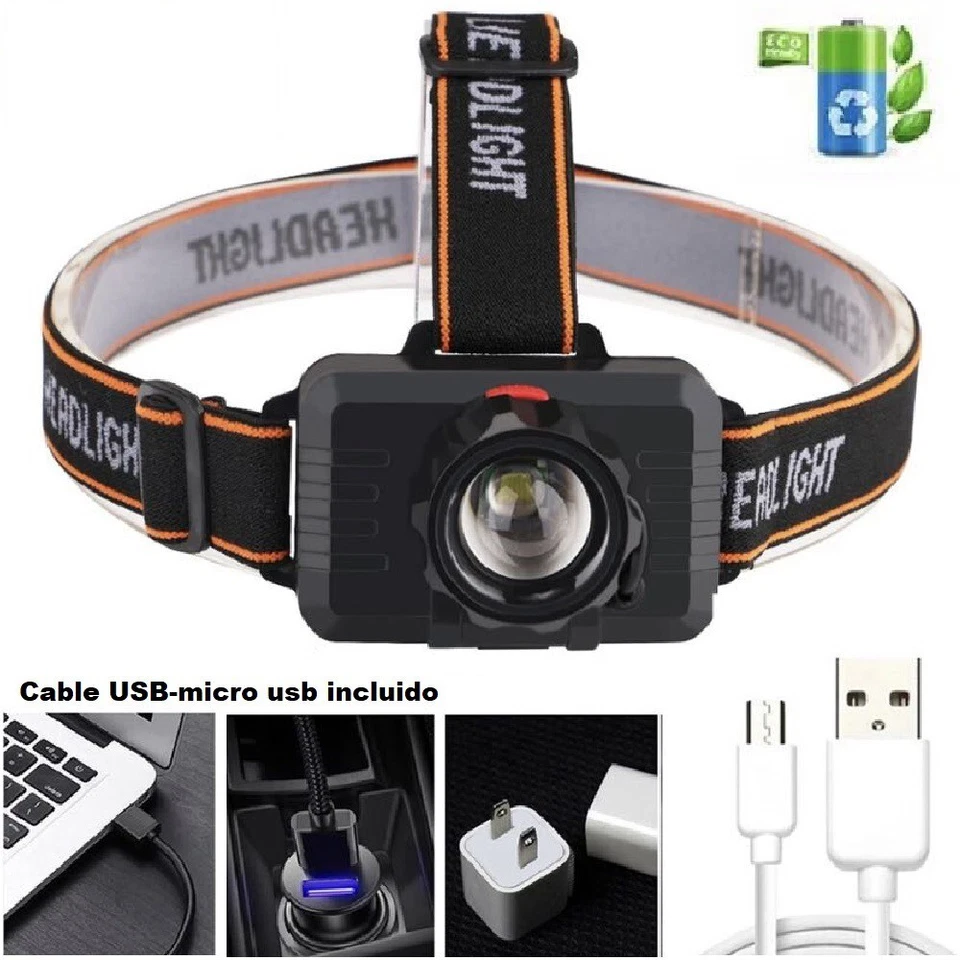 LINTERNA FRONTAL DE CABEZA CAMPING BICI PESCA LED Impermeable ZOOM CARGA USB - Imagen 3 de 4