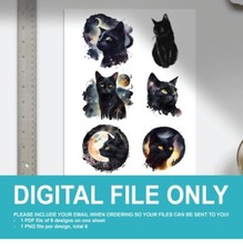 Black Cat Watercolor Print Design PNG Transparent Background Digital Print Only