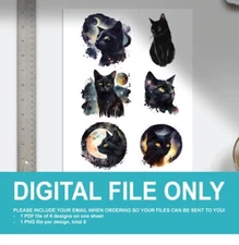 Black Cat Watercolor Print Design PNG Transparent Background Digital Print Only