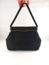 Vintage Black Beaded Eveningwear Cocktail Top Handle Purse with Gold Tone Frame