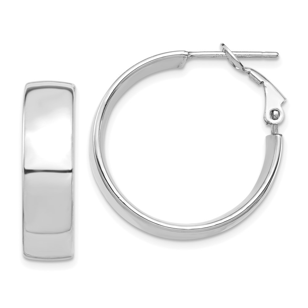 14k White Gold High Polished 7mm Omega Back Hoop Earrings L-24.5 mm, W-24.5 mm