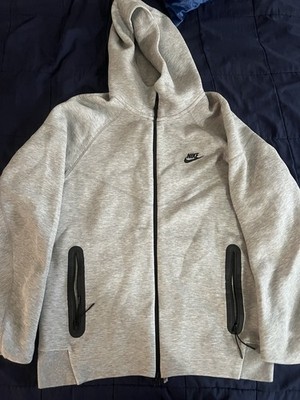 Nike Tech Men s Gray Full-Zip Hooded Fleece Hoodie Logo Cotton Blend L Regular