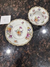 Antique Meissen Ice Cream Ramekin & Saucer Flower Pattern