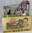 VINTAGE TIN LITHO J. CHEIN ROLLERCOASTER WIND UP TOY W/TWO CARS in ORIGINAL BOX