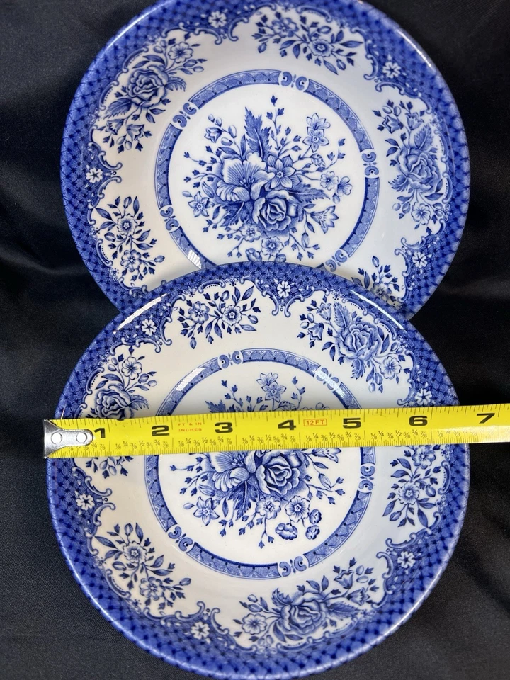 VTG Set 2 Kew Blue Coupe Cereal Bowls Wood & Sons England Floral Trellis 6.5" - Image 3 of 4
