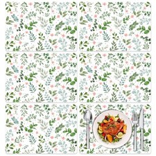 Floral Leaves Plastic Placemats Set of 6, Wipeable Floral Green Leaf Flower