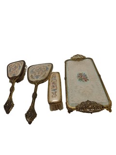 Vintage Vanity Dressing Table Set Gold Tone & Embroidery 4 Piece Bundle