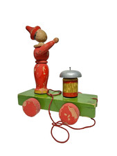 ANTICO VINTAGE GIOCO LEGNO D'EPOCA CARRO MUSICISTA BATTERISTA PINOCCHIO ??