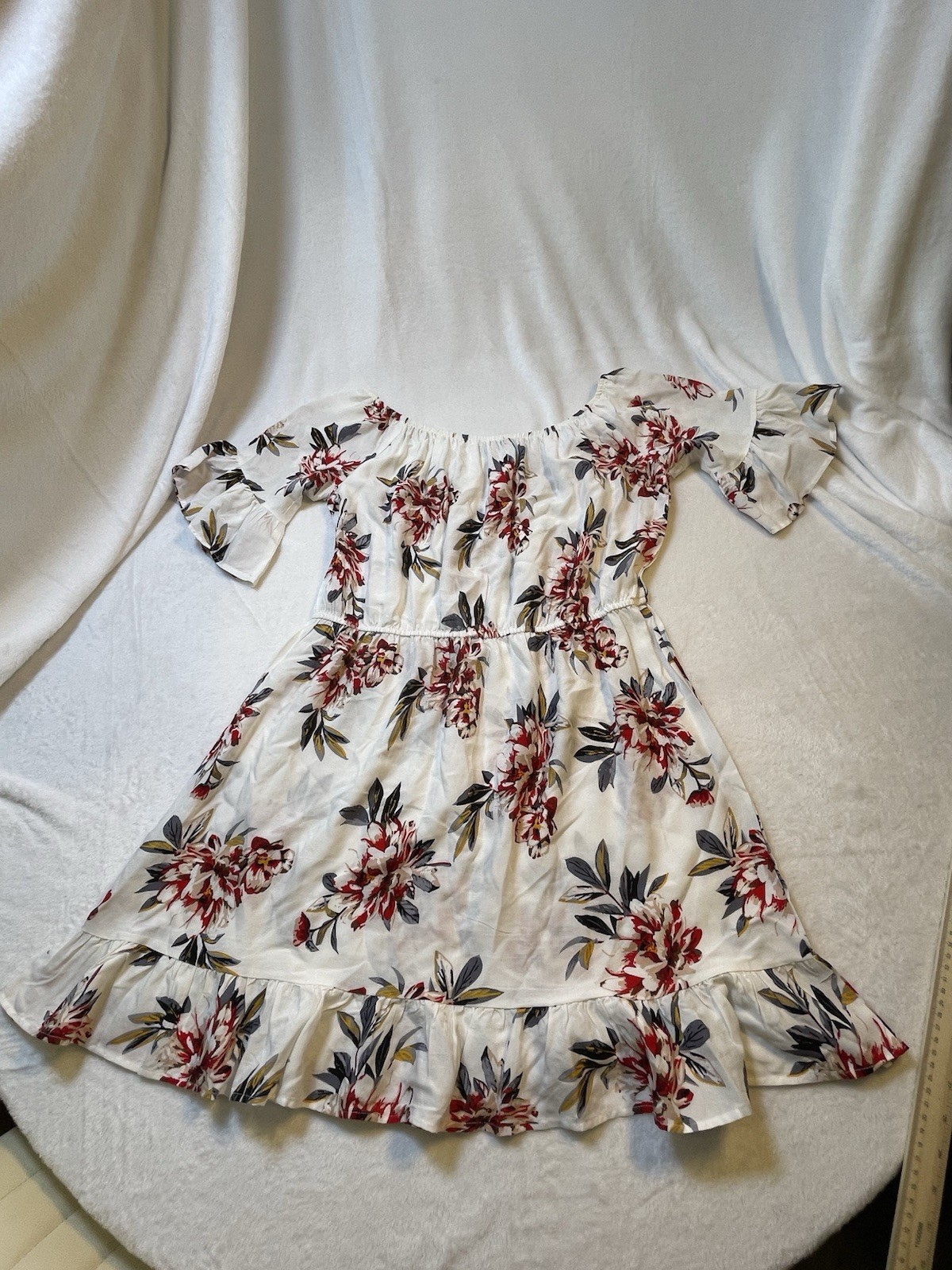 New Look L Off Shoulder Floral Dress White Red Boho Peasant Ruffle Hem
