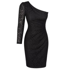 Express One Shoulder Black Dress 6 NWT Lace Ruched Bodycon Cocktail Gothcore LBD