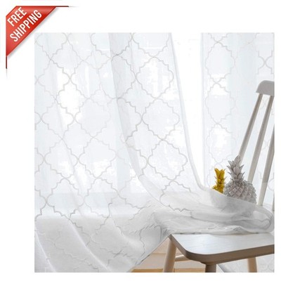 Elegant White Sheer Curtains 52''x84'', Embroidered Moroccan Panels for Bedrooms